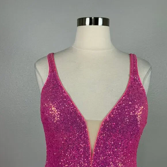 Jovani Sequined Backless Long Mermaid Evening Gown Fuchsia Pink Size 18 Dress - Picture 8 of 11